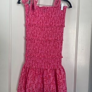 Pink and Red Floral Ruched Mini Dress with Adjustable Tied Bow Straps